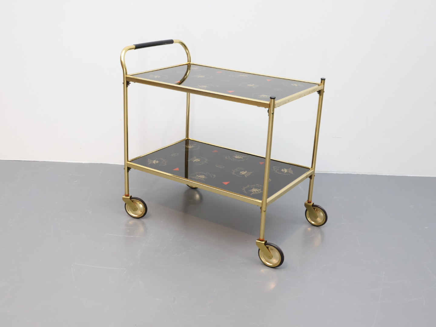 Vintage trolley / messing glas / goud zwart / wieltjes